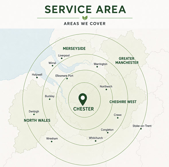 Urban Forestry Group - Service area Urban Forestry Group service area map covering Chester, Cheshire West, North Wales, Greater Manchester and Merseyside